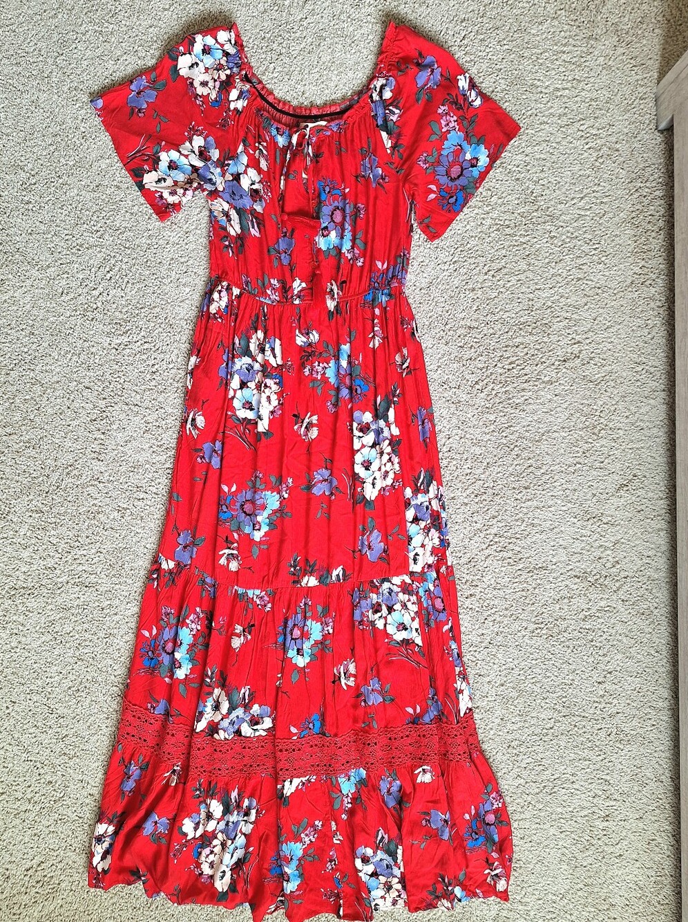 Band Of Gypsies Maxi Dress Floral Red Button TasselTie Flutter Sleeve Boho Large